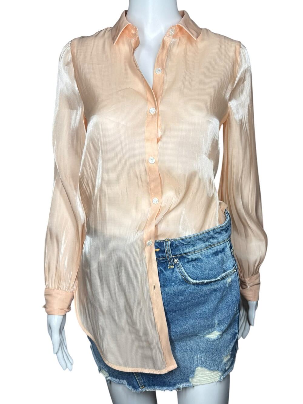 Vince Camuto Peach Satin Semi Sheer Hi Low Blouse XXS
